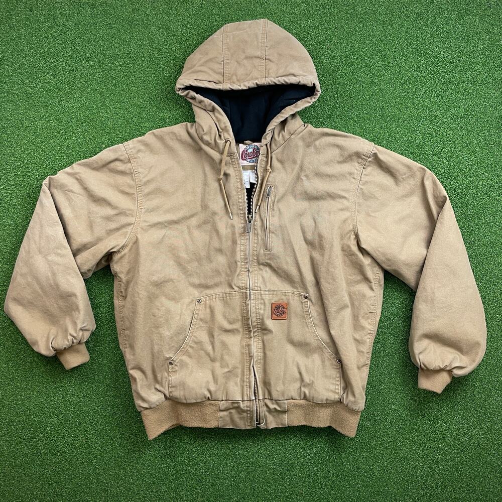 Vintage Work Cowboy Wear Beige Lined Quilt Full Zip Hooded Canvas Jacket Sz L